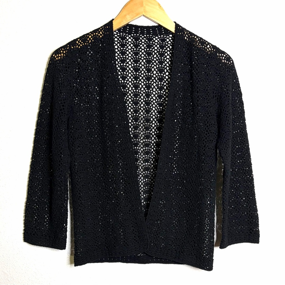 Handmade vintage Black Crochet Women's Cardigan sz M 3/4 sleeve whimsigoth boho